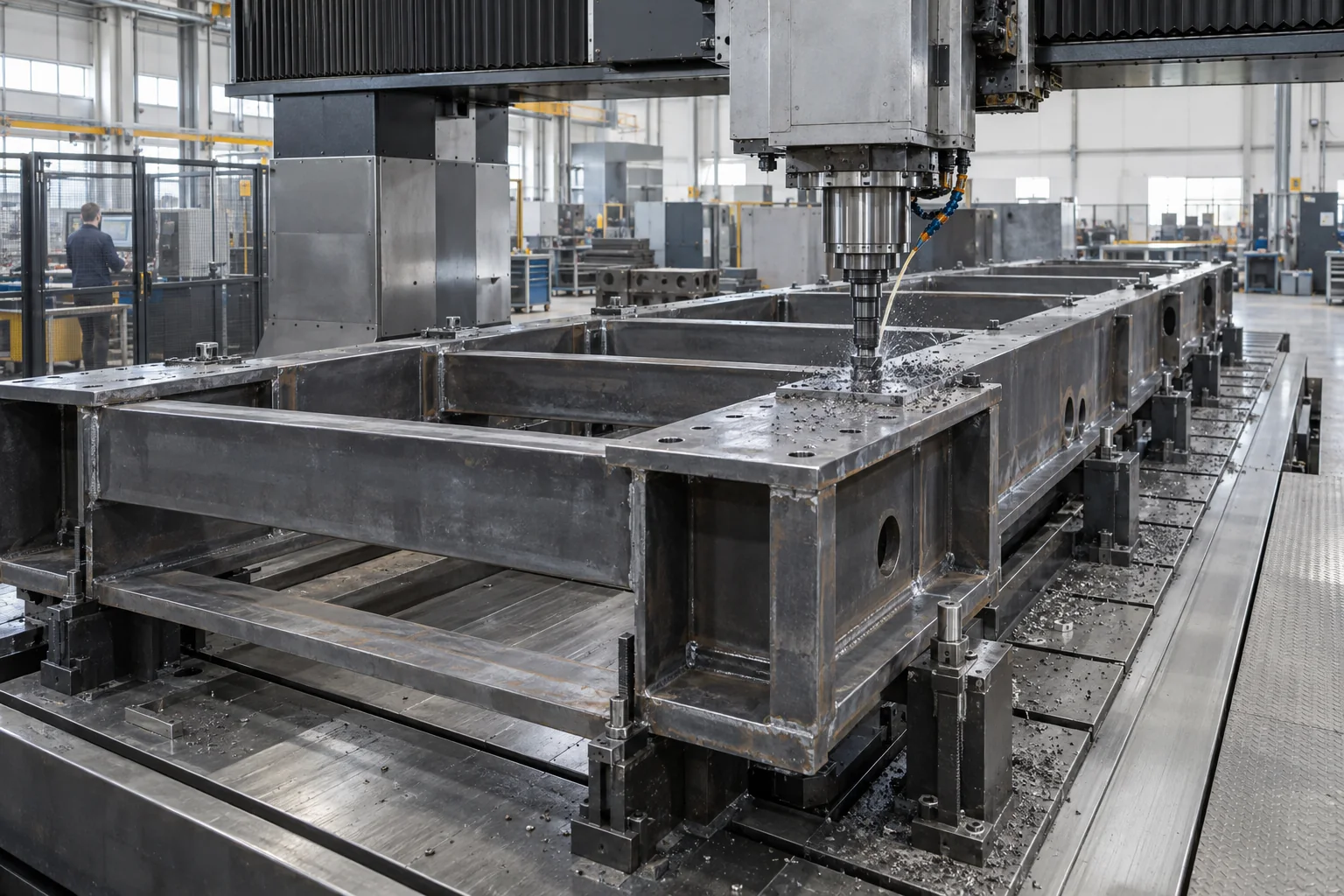 CNC machine machining a large steel structural assembly