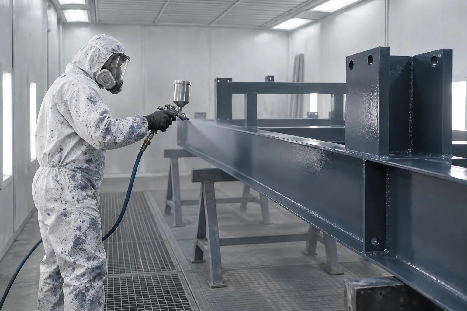 Worker in protective suit and respirator wet spray painting a steel structure
